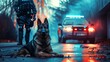 Police dog on duty patrol with a police officer in a large city street