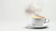 Steaming coffee cup with heart latte art on white background