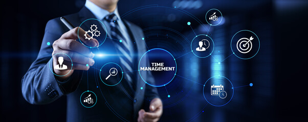 Wall Mural - Time management planning productivity business concept. Businessman pressing button.