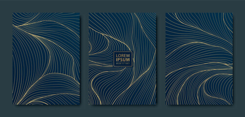 Vector set of art deco wave patterns, organic line design covers, wallpapers. Luxury golden floral textures, art leaf illustrations