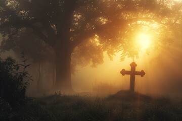 Wall Mural - Misty forest at dawn with a silhouette of a cross emerging from the fog, symbolizing hope and revelation in nature.