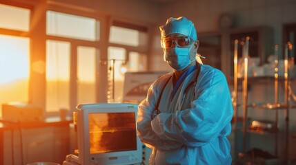 A man wearing a lab coat stands in front of a toaster oven, carefully observing its operation for scientific research or experimentation.