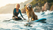 Stand up paddle boarding. Woman floating on a SUP board with a dog. The adventure of the sea with blue water on a surfing. Summer vacation. Woman keeping oar, training her sup boarding skills