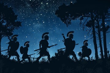 Silhouette of Roman soldiers conducting a night raid, sneaking through a dense forest under a star-filled sky.