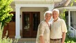 © James - Smiling Senior Couple Embracing in Front of Their Suburban Home on Sunny Day, Copy Space