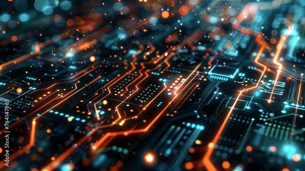 Fotografie Detailed close-up shot of a computer circuit board showing ...