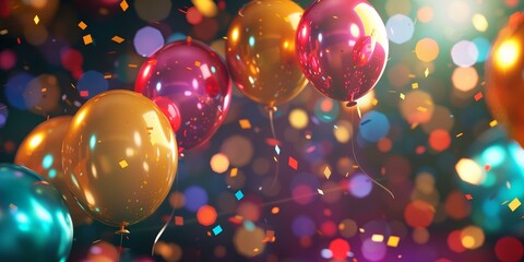 Colorful Party Balloons with Confetti on Dark Background with bokeh lights.