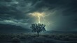 The dramatic sight of lightning striking in the distance, with a solitary tree in the foreground, illustrating nature's scale and fury.