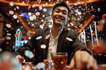 Wall Mural - young asian man sitting at casino table with many poker chips flying around and drink, male gambling and winning, looking confident and handsome, gamble establishment concept