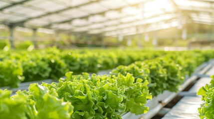 Wall Mural - Fresh Lettuce Growing in Sunlit Hydroponic Greenhouse