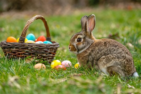 A brown Easter bunny sits on the green grass with colorful eggs in front of it, which is placed next to an easter basket Generative AI
