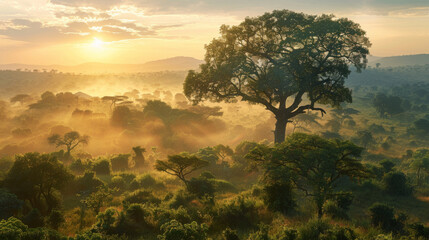 Poster - A tree is in the foreground of a forest with a sun in the background