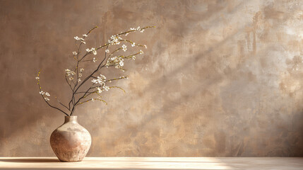 interior background of room with brown stucco wall and vase with branch 3d rendering.