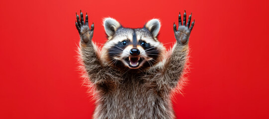 Wall Mural - A raccoon on a red background with its paws raised in the air. The raccoon has a big smile on its face and he is happy. Excited raccoon with a big smile and arms raised in celebration on red