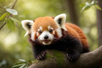 Wall Mural - cute baby red panda very happy and playful in the trees