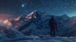 A photographer in the mountains, sitting with his back, shoots stars, immersing himself in the unique atmosphere of the high-altitude space.