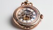Exquisite skeleton pocket watch with rose gold finish and diamond embellishments on a white background.