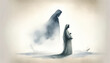 Motherhood. Blessed pregnant woman in the mist, with Jesus silhouette in the background. Digital watercolor illustration.