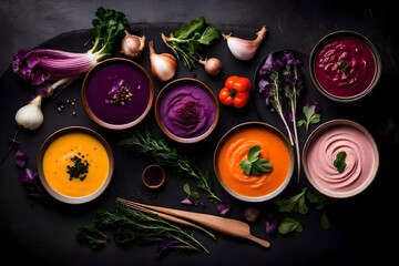 Wall Mural - vegetables on a black background, Step into the world of culinary artistry with Generative AI's depiction of an assortment of colored vegetable cream soups, elegantly presented on a luxurious black st