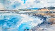 A painting of a beach with a rocky shoreline and a blue sky. The mood of the painting is serene and peaceful
