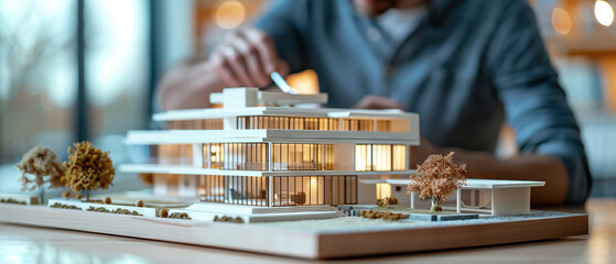 Poster - Architect meticulously adjusts model home, detailing precision and design skill