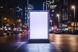 Fototapeta Dziecięca - Poster advertising futuristic billboard mockup with Exhibition light stand on the streets of the night neon city background