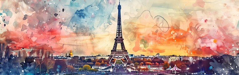 Wall Mural - A painting of the Eiffel Tower in Paris with a sunset in the background. The painting is a watercolor and has a dreamy, romantic feel to it