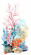 A detailed watercolor painting depicting vibrant corals and delicate seaweed swaying in the ocean currents. The coral structures vary in shapes and sizes, surrounded by lush green and brown seaweed.