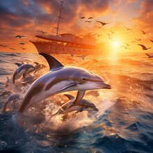 Dolphin Swimming In The Sea At Sunset