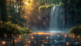 Fototapeta  - an incredibly beautiful waterfall in a green forest where there are many fireflies that give this place a special magic and fabulousness