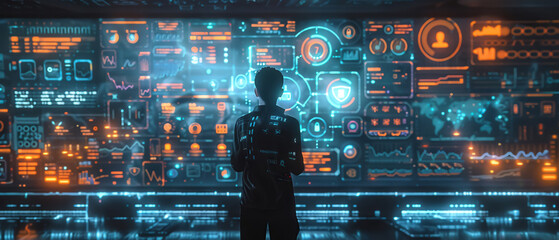 Aufkleber - Man facing a futuristic virtual interface with glowing digital screens