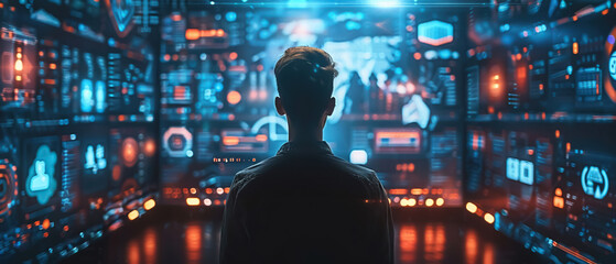 Aufkleber - Man facing a futuristic virtual interface with glowing digital screens