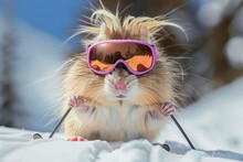 A Hamster Wearing Goggles And Skis Is Posing For A Picture. A Playful Mood. A Rat With Long Blonde Hairs Skiing And Keeps His Hands Up, Ski Googles On His Face , In The Style Of Adventure Portraiture,