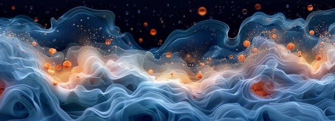 Leinwandbilder - A blue and orange wave with many small orange dots. The image is abstract and has a dreamy, ethereal quality