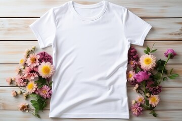 Wall Mural - Blank white t-shirt mockup for front and back view with flower and wooden background