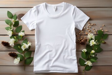 Wall Mural - Blank white t-shirt mockup for front and back view with flower and wooden background