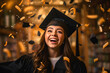 A young female graduate in graduation cap, celebrating academic achievement with joy