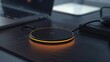 A sleek wireless charging pad against a backdrop of sleek black, its surface adorned with minimalist LED indicators, offering seamless power delivery for modern devices.