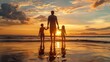 A man and two children are seen walking along the beach as the sun sets in the background. The trio enjoys a leisurely stroll by the water at dusk.