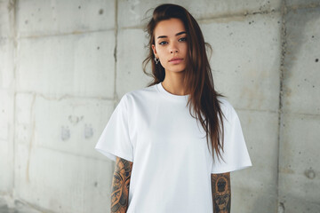 Wall Mural - A beautiful mockup of an oversized white blank t-shirt, worn by a woman with tattoos and long hair in the street