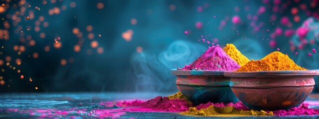 indian holi festival powder colors in bowls on blue background. colorful organic gulal in earthen bo