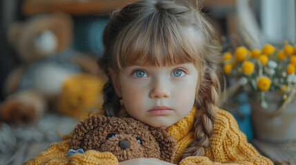 Poster - A young girl with blonde hair and a yellow sweater sits at a table, holding a teddy bear. She looks at the camera with a sweet and innocent expression