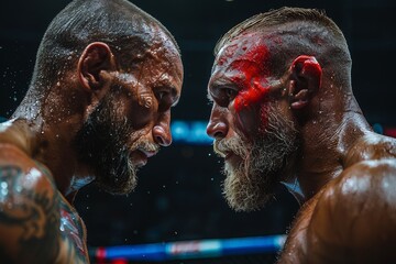 Fototapeta two boxers, faces tense and bloodied, engage in a close face-off in the intensity of post-fight adrenaline