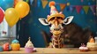 Cute colorful portrait of a giraffe wearing a beautiful birthday hat. Giraffe on the background of balloons, birthday, party, pet, decoration.
