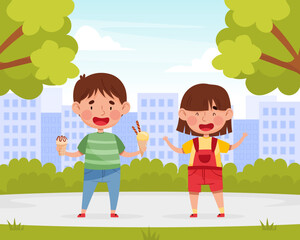 Poster - Happy Boy and Girl Character Eating Ice Cream Vector Illustration