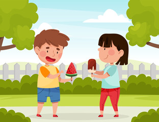 Poster - Happy Boy and Girl Character Eating Ice Cream Vector Illustration