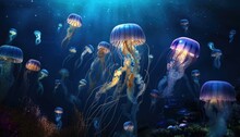 Illustrative Background Featuring A Jellyfish Swimming In The Ocean, With Light Filtering Through The Water To Create Volumetric Rays. Captures The Beauty And Danger Of The Jellyfish. AI Integration.