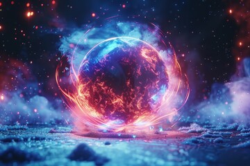 Poster - Abstract neon energy sphere of particles and waves of magical glowing on a dark background, circle and loop frames