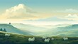 Generative AI A serene, fog-covered moorland with grazing sheep. cartoon graphic