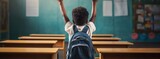 Fototapeta  - Young Black Girl Raising Hands in Classroom Generative AI